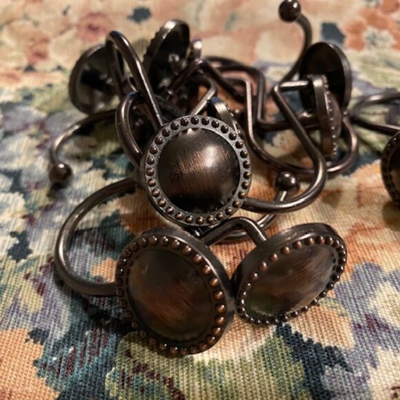 set of 12 * OIL-RUBBED BRONZE circles with little balls SHOWER CURTAIN HOOKS - Picture 2 of 4